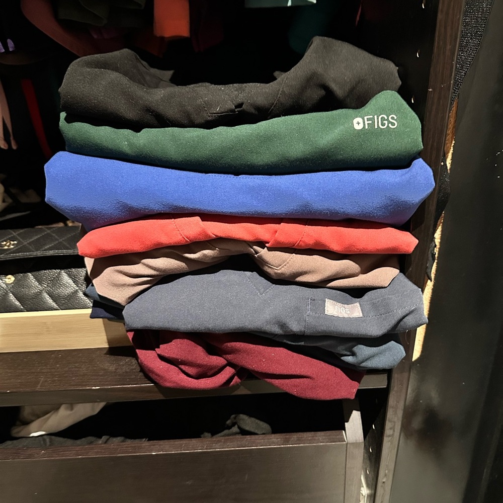 Figs Scrub Tops in Black, Blue, Green, Red, and Gray